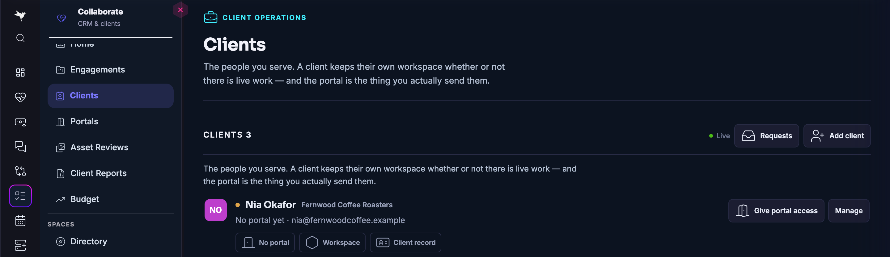 The Clients panel in client work: the people you serve, with a count of them and the first client record open — their business, whether a portal has been opened for them yet, and the controls to give portal access, open their workspace or manage the client record.