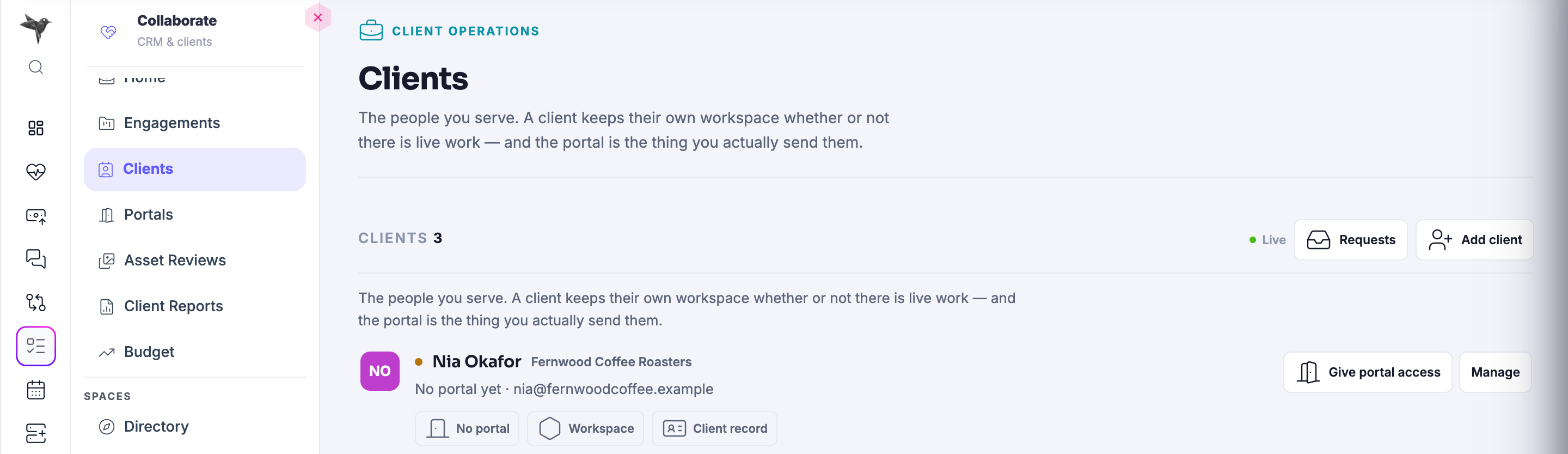 The Clients panel in client work: the people you serve, with a count of them and the first client record open — their business, whether a portal has been opened for them yet, and the controls to give portal access, open their workspace or manage the client record.