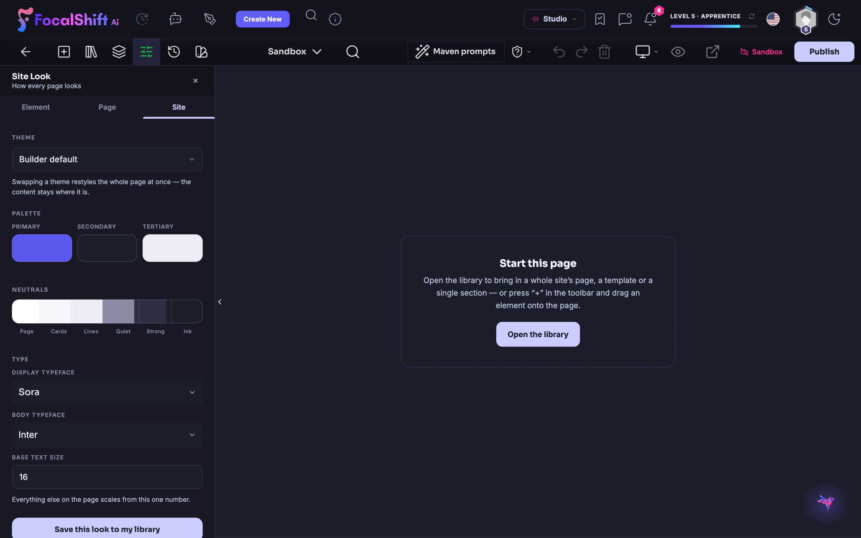 The Site Look panel in the page designer: swap a theme to restyle the whole page at once while the content stays put, with primary, secondary and tertiary palette swatches and the display and body typefaces.
