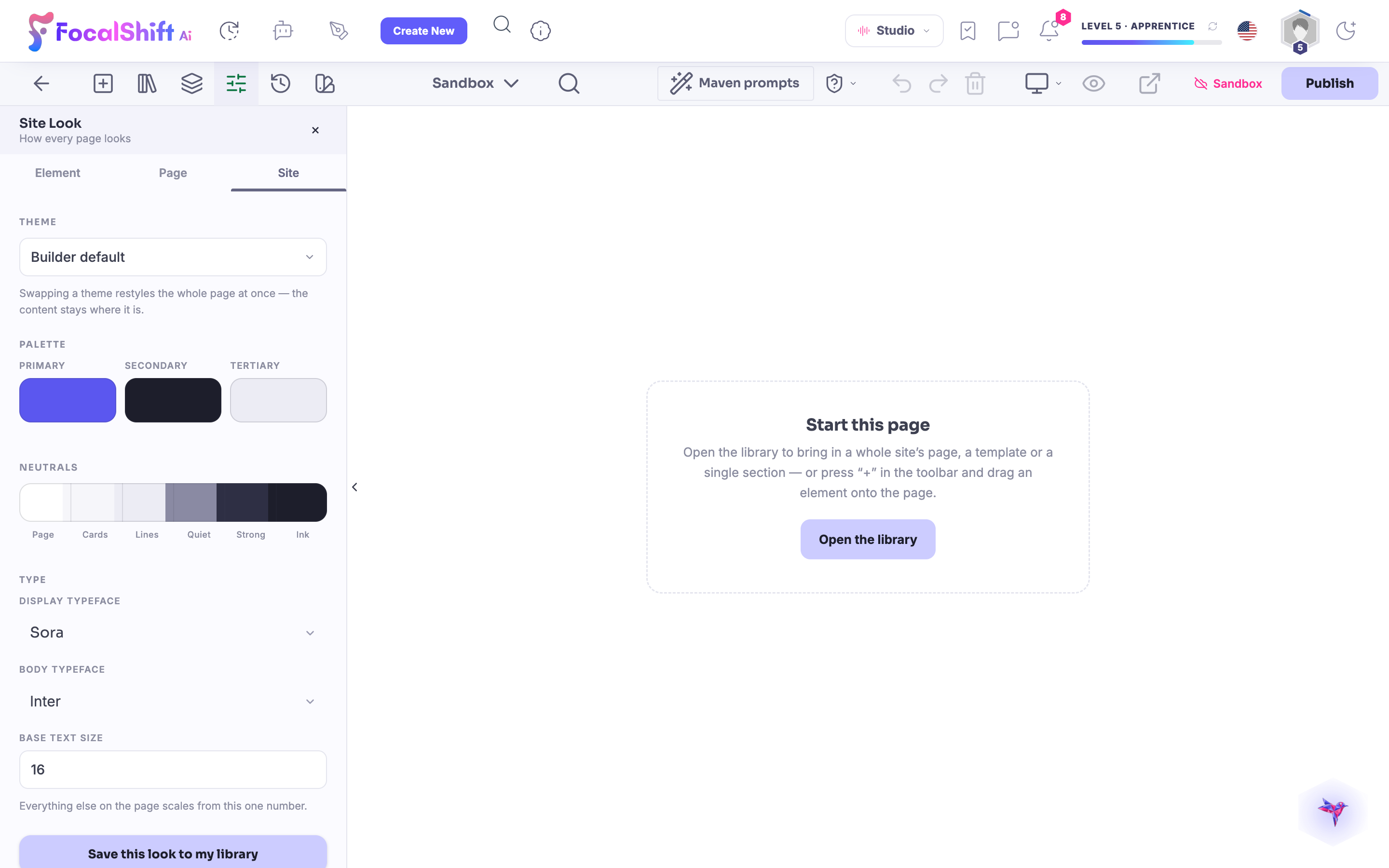The Site Look panel in the page designer: swap a theme to restyle the whole page at once while the content stays put, with primary, secondary and tertiary palette swatches and the display and body typefaces.