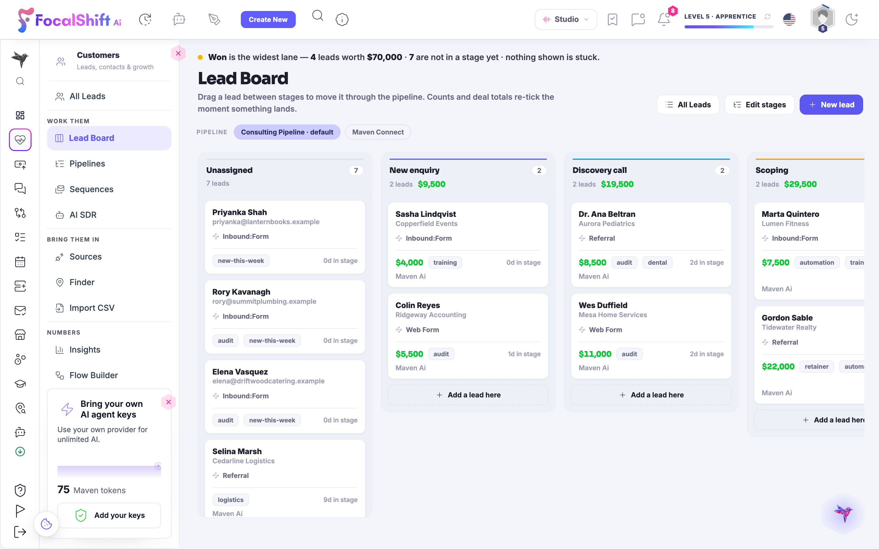 The Lead Board: drag a lead between stages to move it through the pipeline — unassigned, new enquiry, discovery call, scoping and won — with counts and deal totals re-ticking the moment something lands.