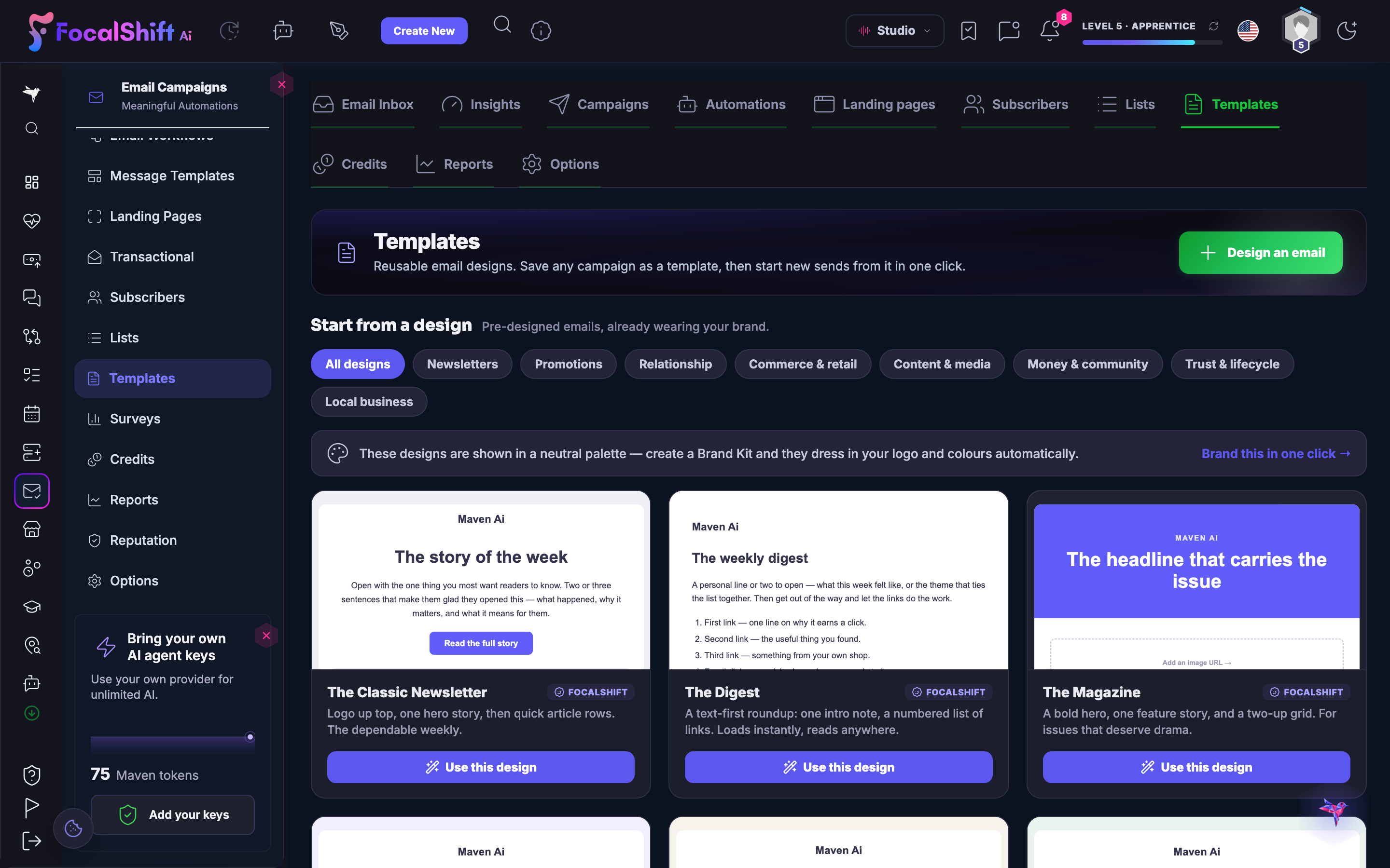 The AI Mail template shelf: ready-made email designs — a classic newsletter, a weekly digest, a magazine issue and more — shown in a neutral palette, each with its own Use this design control and branded to your colours in one click.