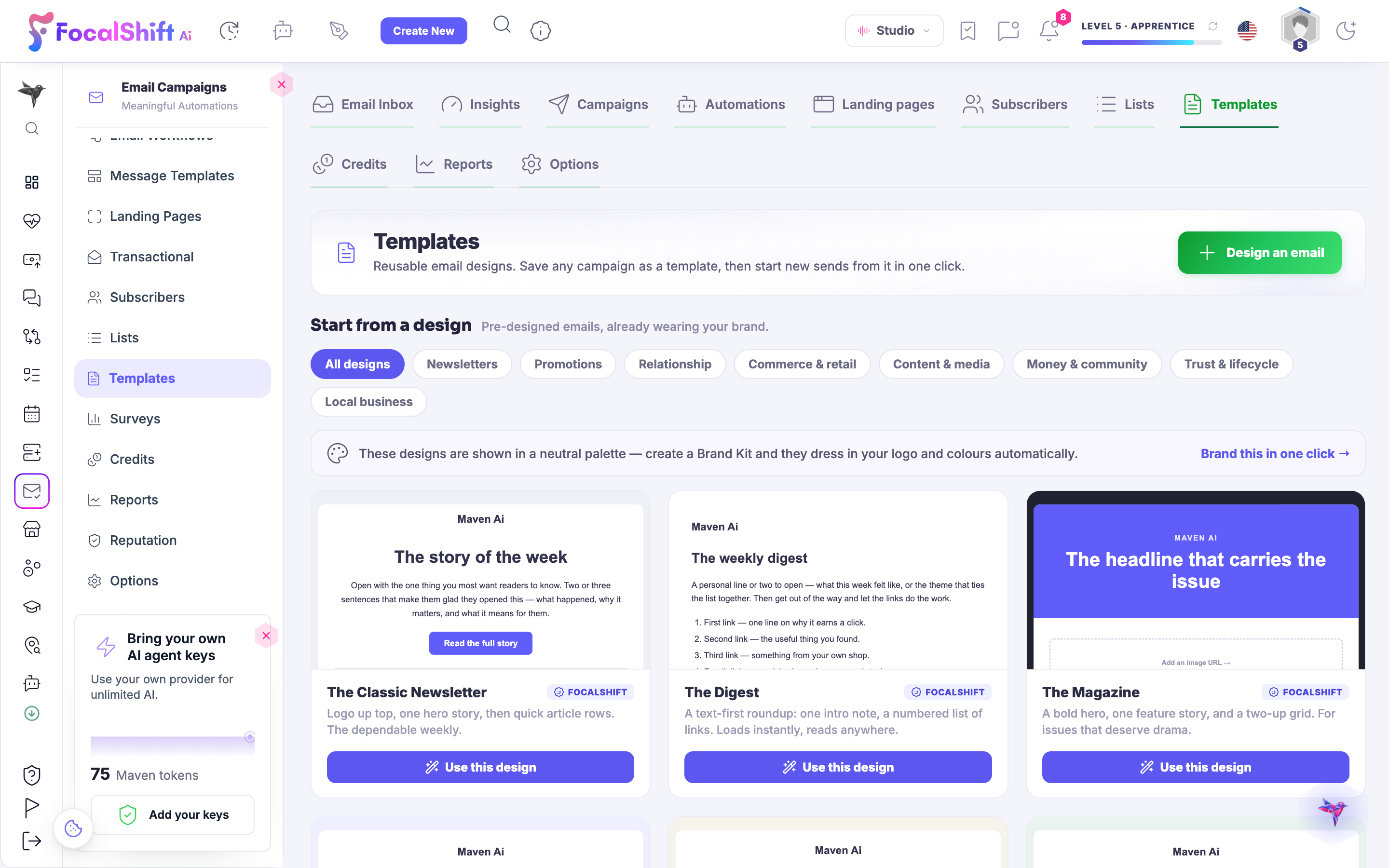The AI Mail template shelf: ready-made email designs — a classic newsletter, a weekly digest, a magazine issue and more — shown in a neutral palette, each with its own Use this design control and branded to your colours in one click.