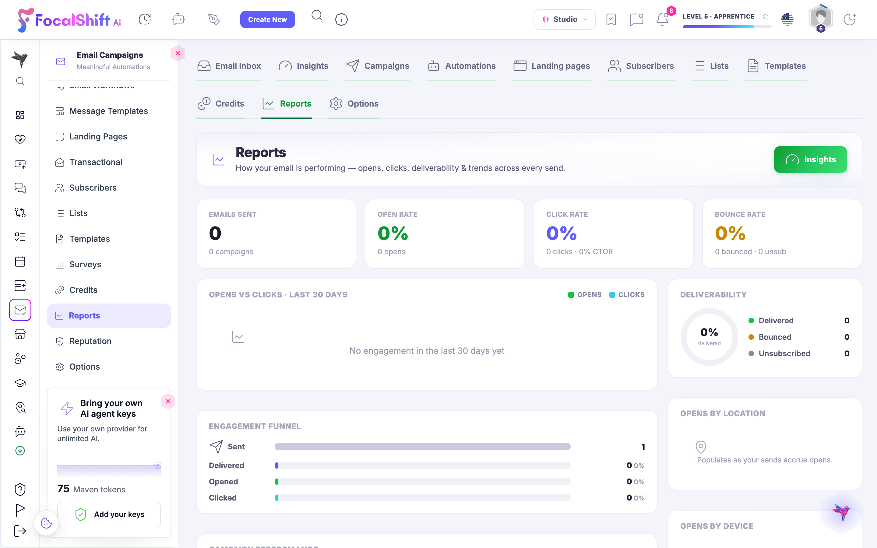 Email reports: how your sending performs — emails sent, open, click and bounce rates, an opens-versus-clicks trend for the last thirty days, a deliverability breakdown and an engagement funnel.