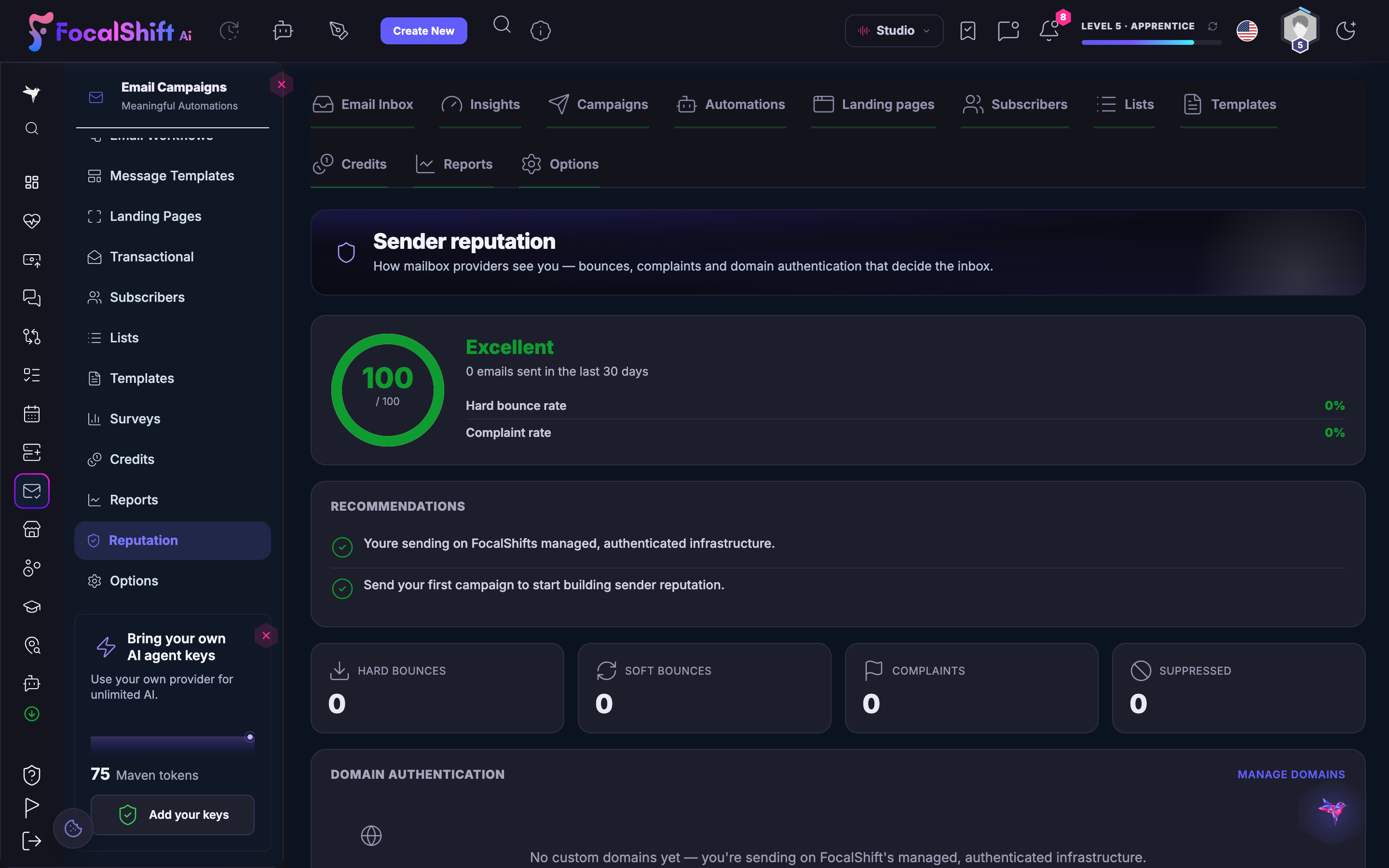 Sender reputation: how mailbox providers see you — a reputation score, hard-bounce and complaint rates, recommendations, and confirmation that you are sending on the platform's managed, authenticated infrastructure.