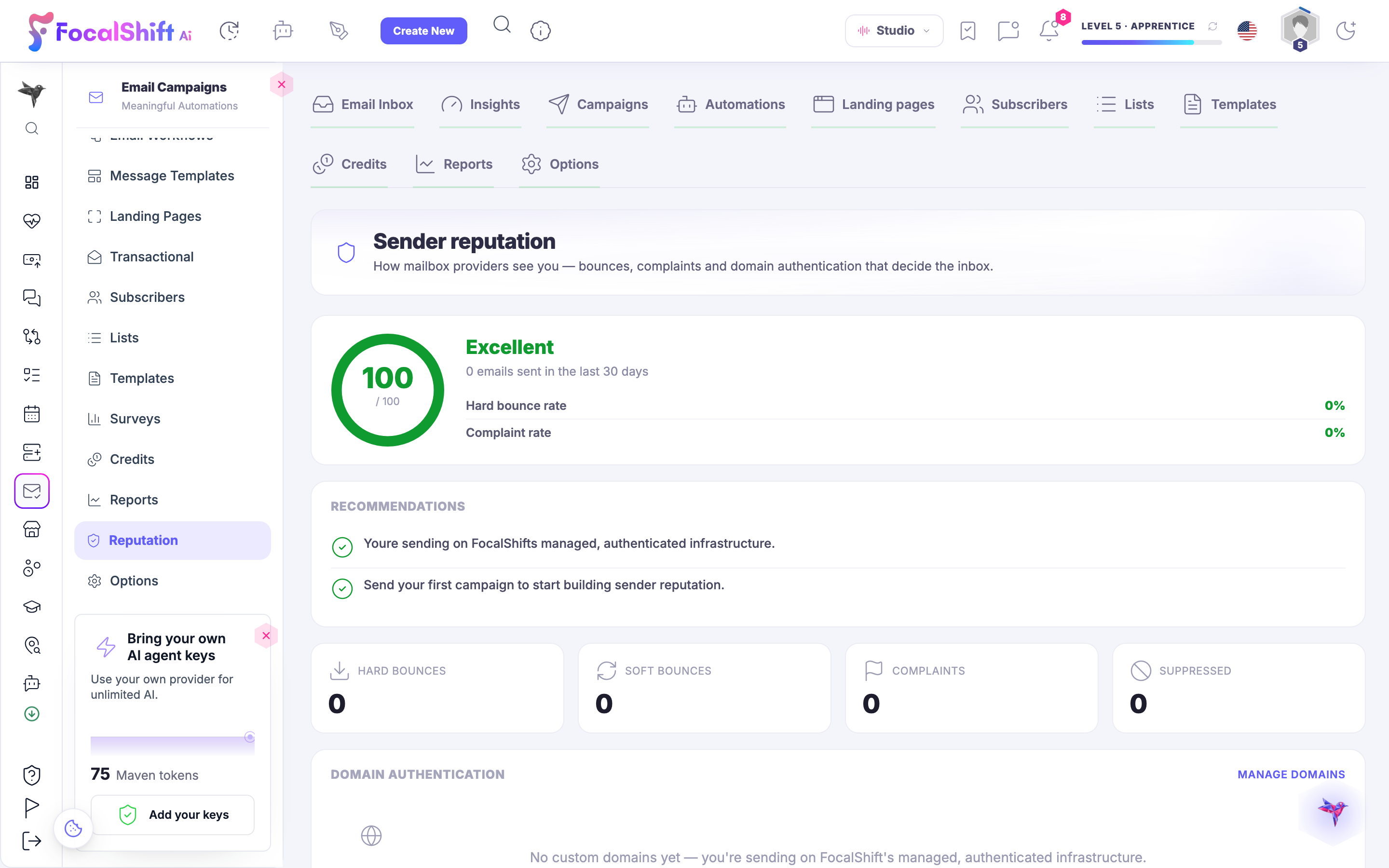 Sender reputation: how mailbox providers see you — a reputation score, hard-bounce and complaint rates, recommendations, and confirmation that you are sending on the platform's managed, authenticated infrastructure.