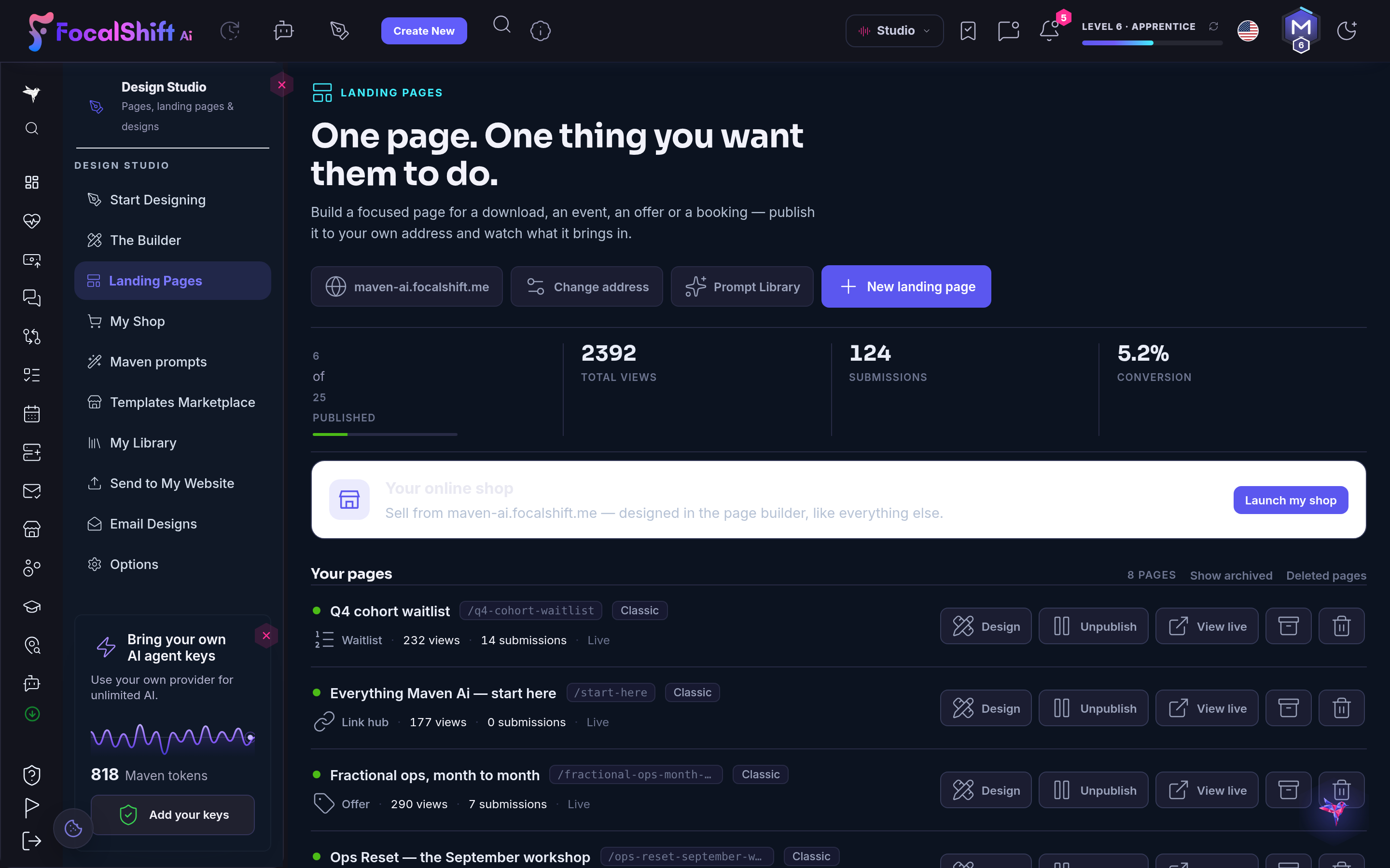 The Landing Pages workspace — one page, one thing you want them to do — with the page address, the prompt library and controls to change the address or start a new page, above total views, submissions and conversion.