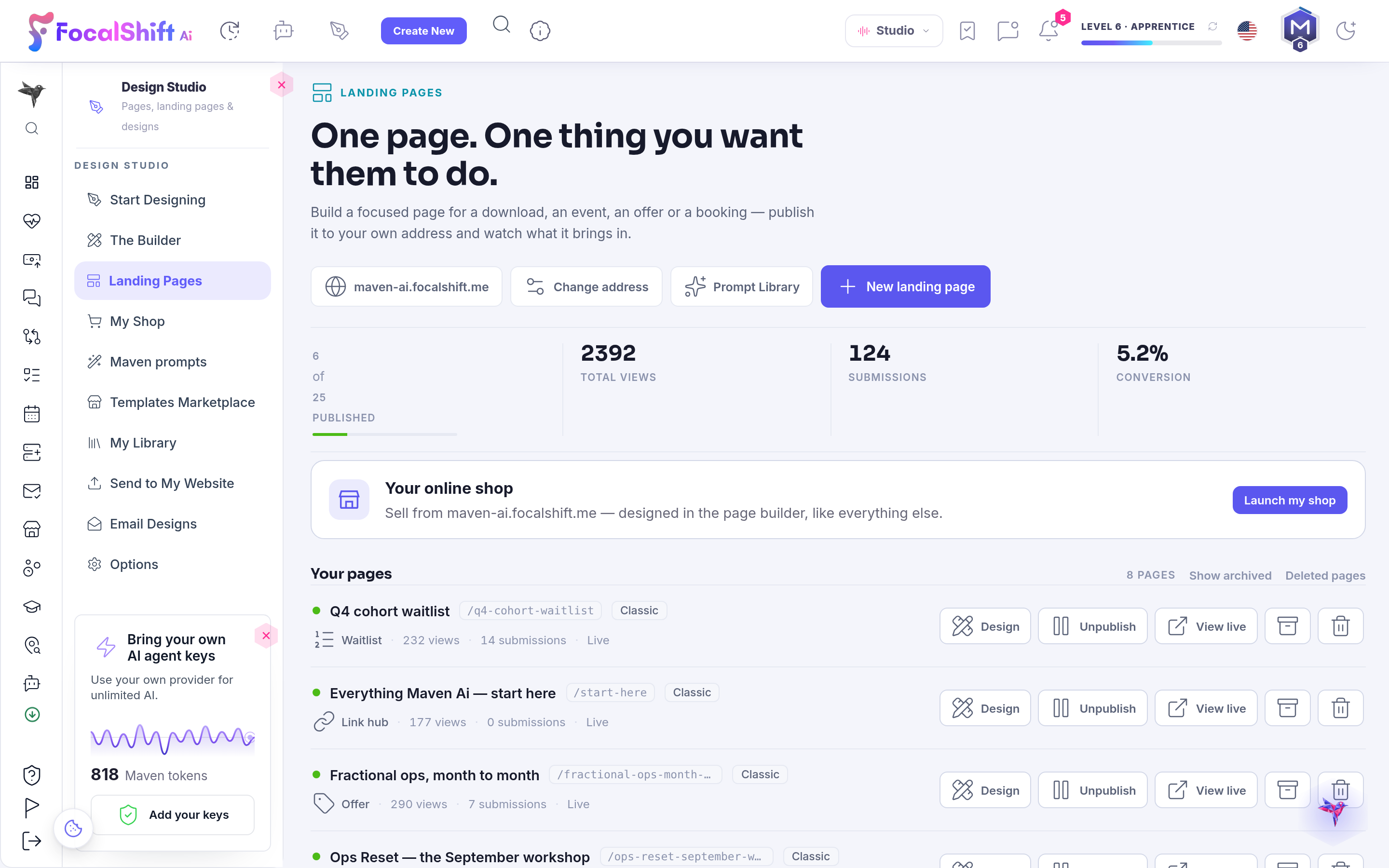The Landing Pages workspace — one page, one thing you want them to do — with the page address, the prompt library and controls to change the address or start a new page, above total views, submissions and conversion.