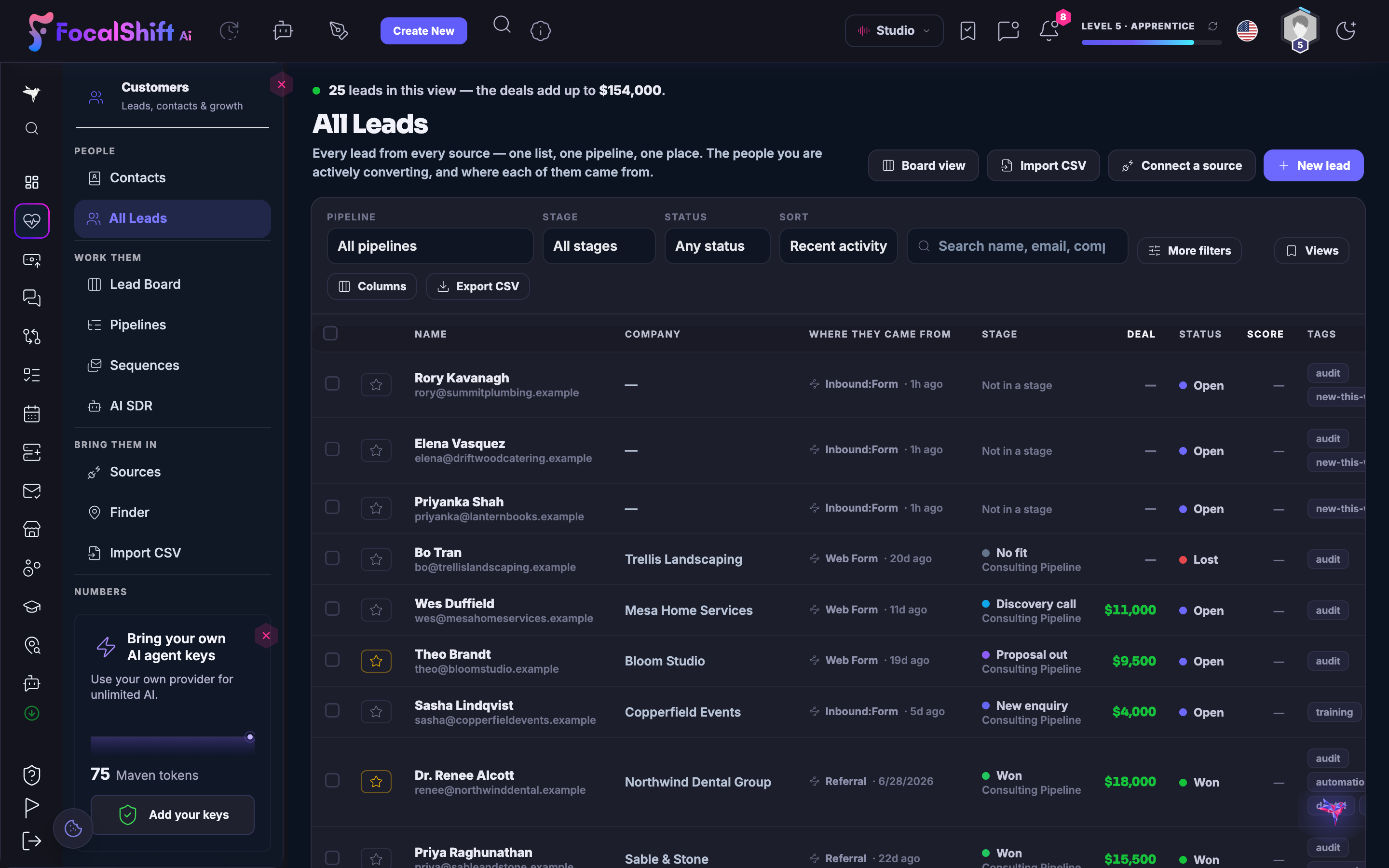 The All Leads list in Lead Hub: every lead from every source in one table — name, company, where they came from, pipeline stage, deal value and status — with the deals in view adding up at the top.