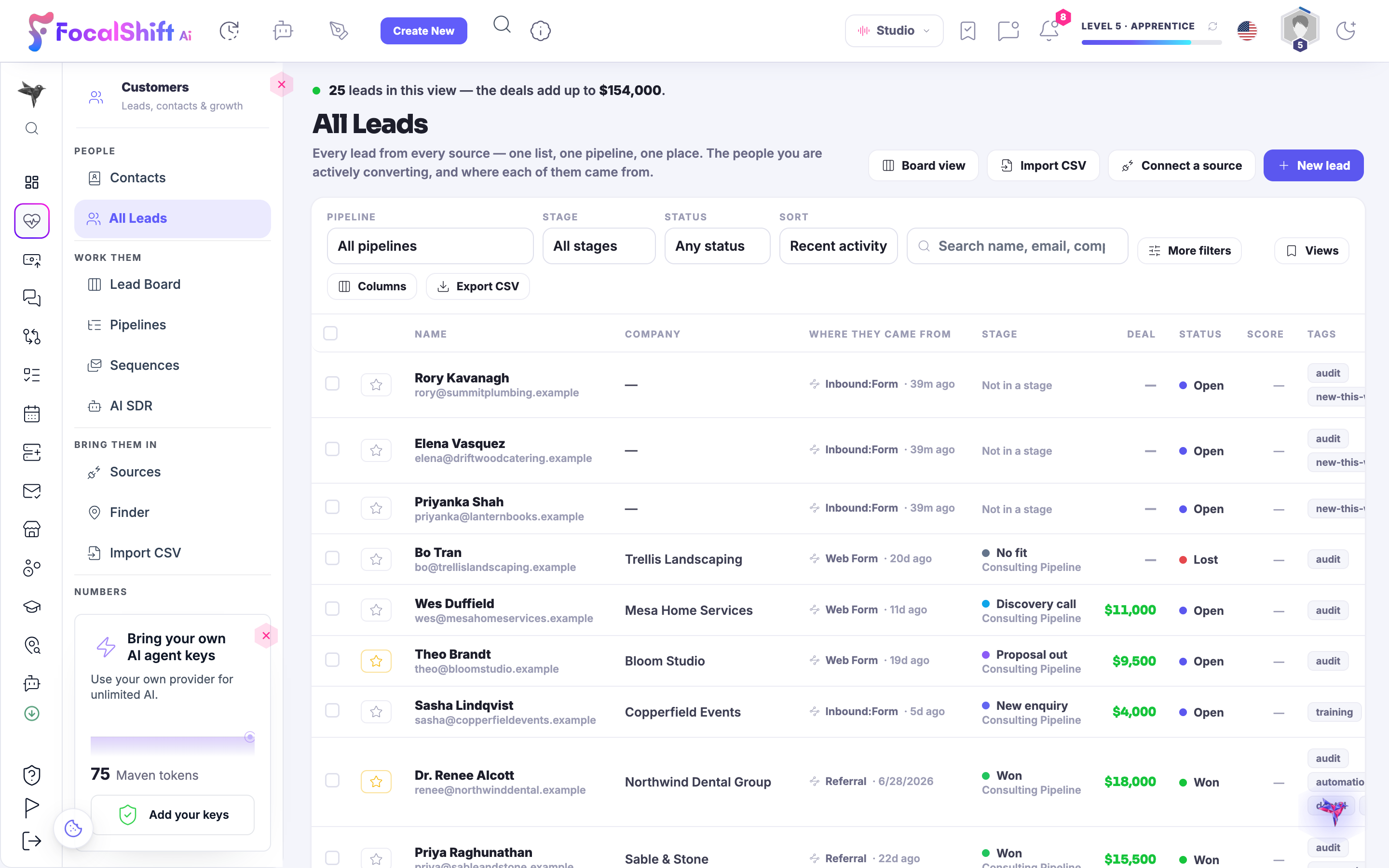 The All Leads list in Lead Hub: every lead from every source in one table — name, company, where they came from, pipeline stage, deal value and status — with the deals in view adding up at the top.