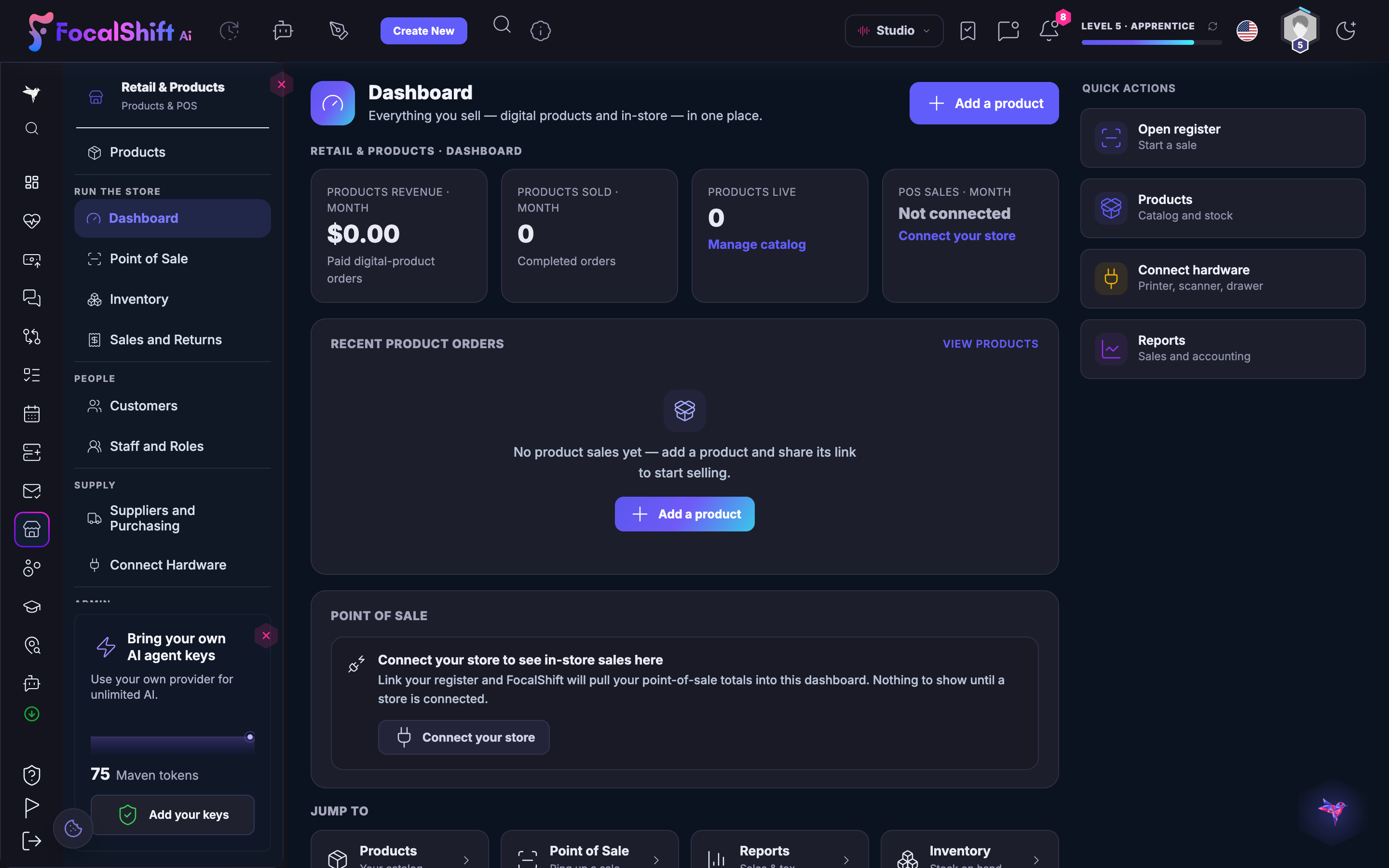 The Retail & Products dashboard on a shop that has not opened yet: everything you sell, digital and in-store, gathered in one place — product revenue for the month, units sold and the live-product count all still at zero, the register not yet connected, and a recent-orders panel saying there are no sales yet and offering to add your first product — beside quick actions to open the register, manage the catalogue, connect your hardware or read your reports.