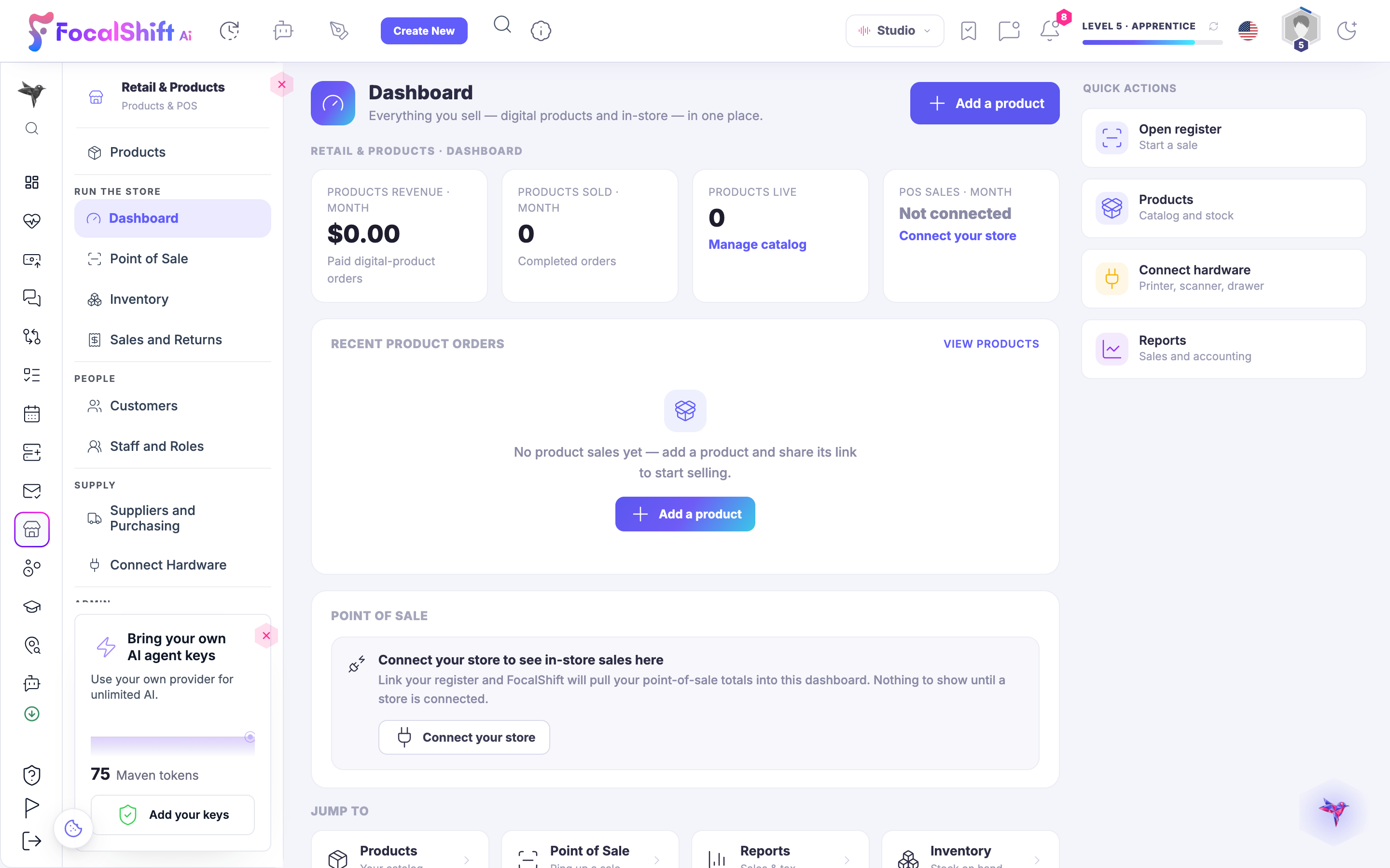 The Retail & Products dashboard on a shop that has not opened yet: everything you sell, digital and in-store, gathered in one place — product revenue for the month, units sold and the live-product count all still at zero, the register not yet connected, and a recent-orders panel saying there are no sales yet and offering to add your first product — beside quick actions to open the register, manage the catalogue, connect your hardware or read your reports.