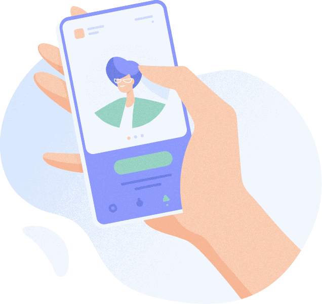 A hand holding up a phone showing a single profile card