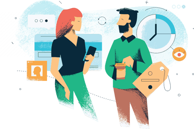 Two people with phones and a coffee, a clock, an eye and a review tag floating behind them