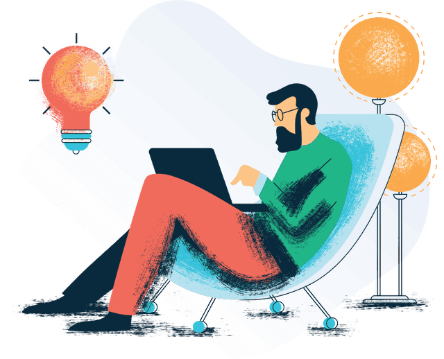 A man reclining in a lounge chair with a laptop, glowing lightbulbs above him