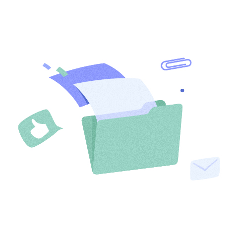 An open green folder with a sheet of paper lifting out of it, a paperclip and an envelope beside it