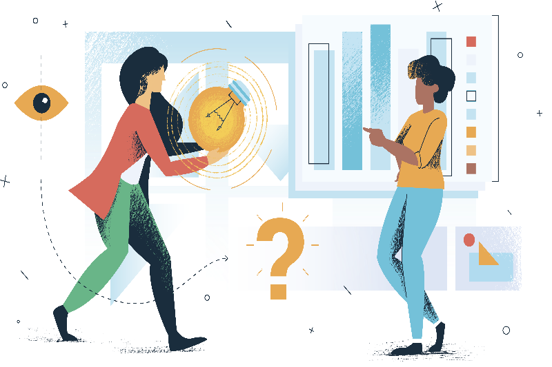 One person carries the lightbulb over while the other points at the board