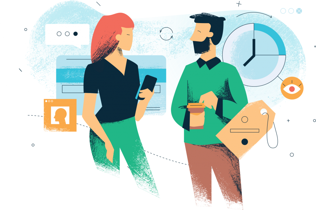 Two people talking over coffee, a contact card and a clock behind them