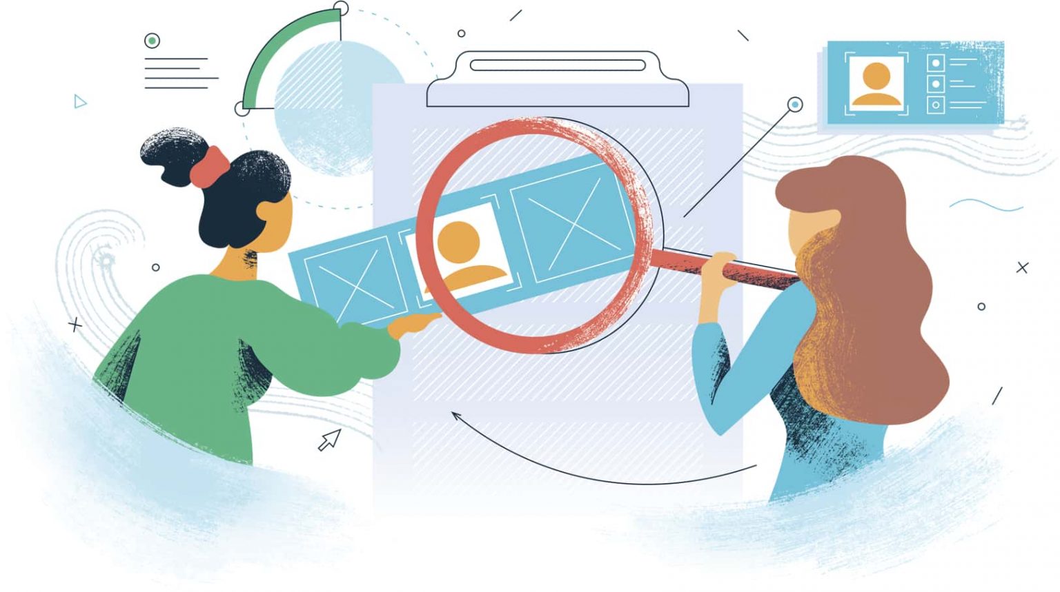 Two people holding a magnifying glass over a row of profile cards