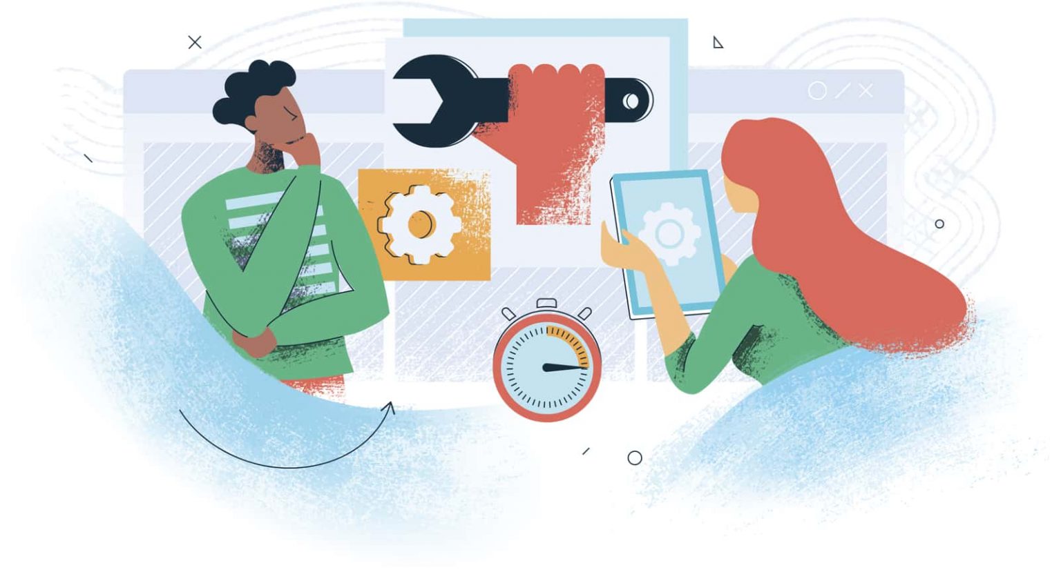 Two people sizing up a wall of tools &mdash; a wrench, gears and a stopwatch