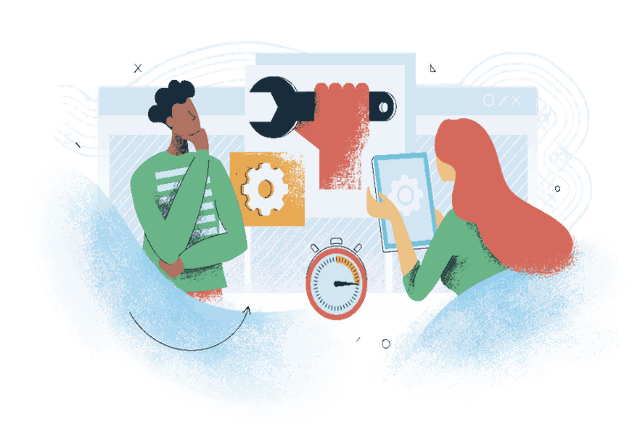 Two people at a wall of browser windows, handing over a big wrench beside a gear and a stopwatch