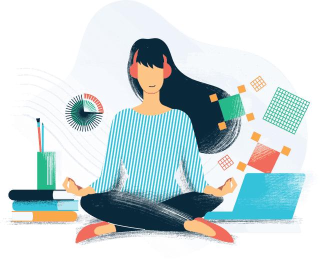 A woman sitting cross-legged and calm on a stack of books while charts and coloured squares circle her