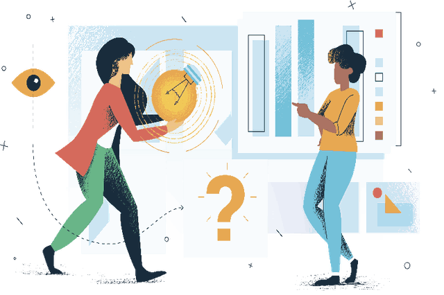 Two people at a wall of charts, one carrying a glowing lightbulb, a large eye and a question mark beside them