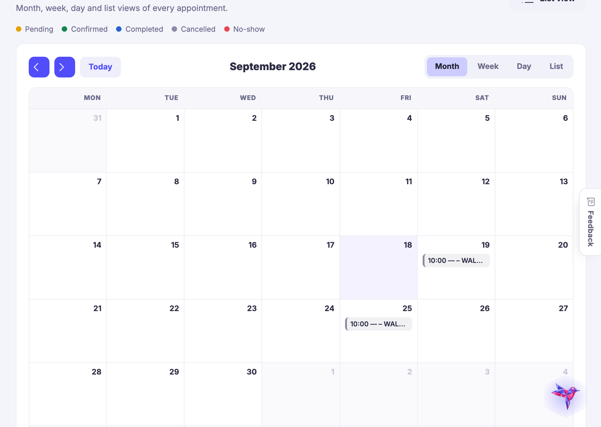 Booking calendar — Where the bookings actually land, beside the availability that decided which slots were offered.