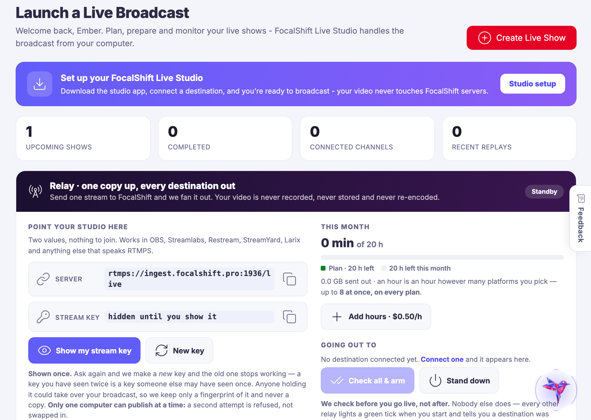 Launch a broadcast — The screen you go live from: what the show is, where it is going, and what is already checked.