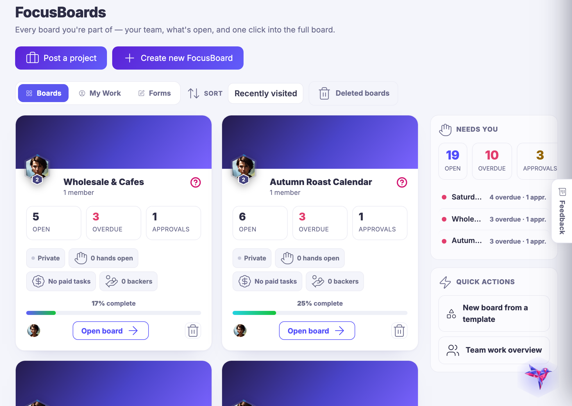 The FocusBoards screen: project boards with their open, overdue and approval counts, and the panel of what needs you.
