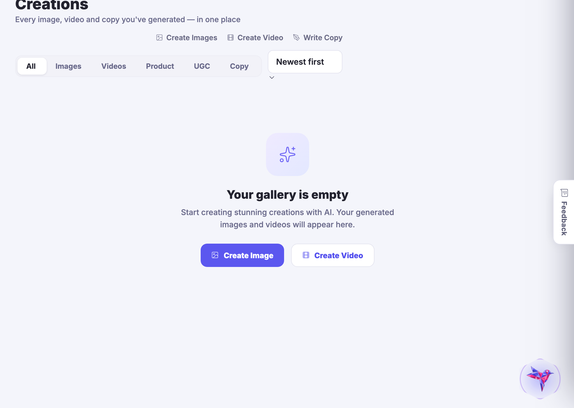 Creations — Everything the studio has made for this account, in one library rather than scattered across chats and folders.