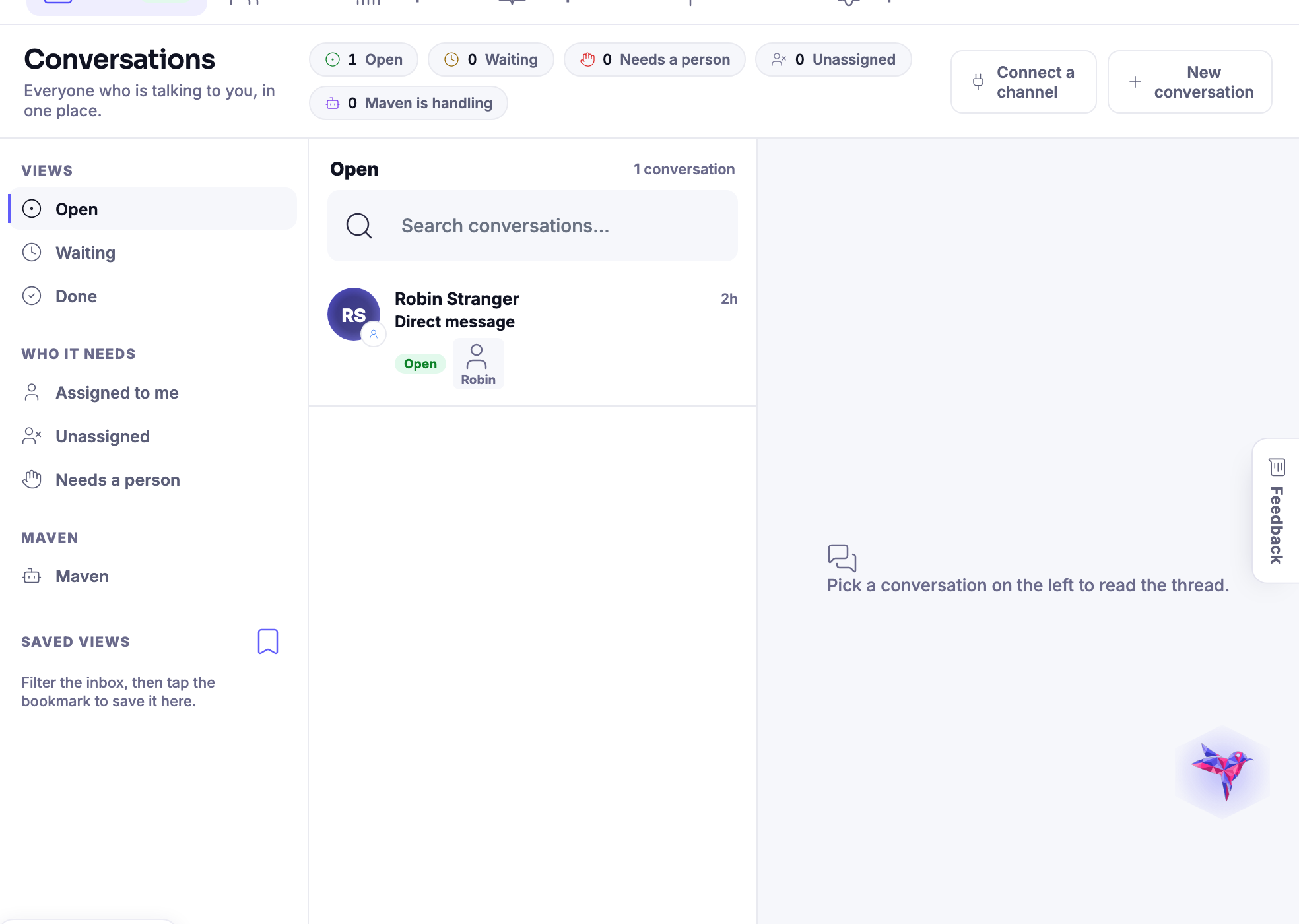 Conversations โ Every channel a customer can reach you on, landing in the same timeline.