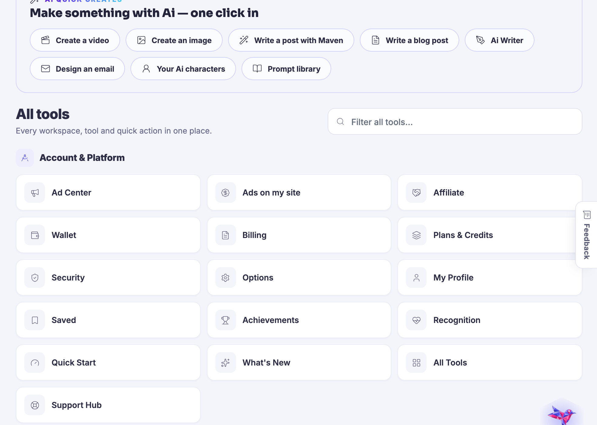 Create โ The create menu itself: the verbs at the top of the product, before you have decided which room you are in.