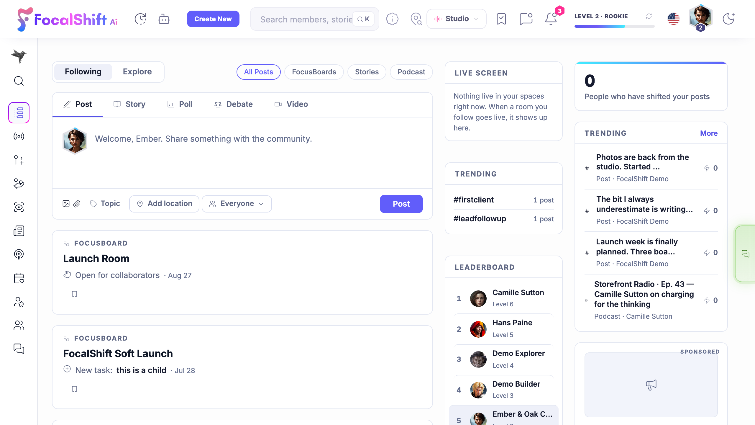 The feed — Finished work arriving as posts, stories, polls and rooms - with the boards and the podcasts in the same stream.