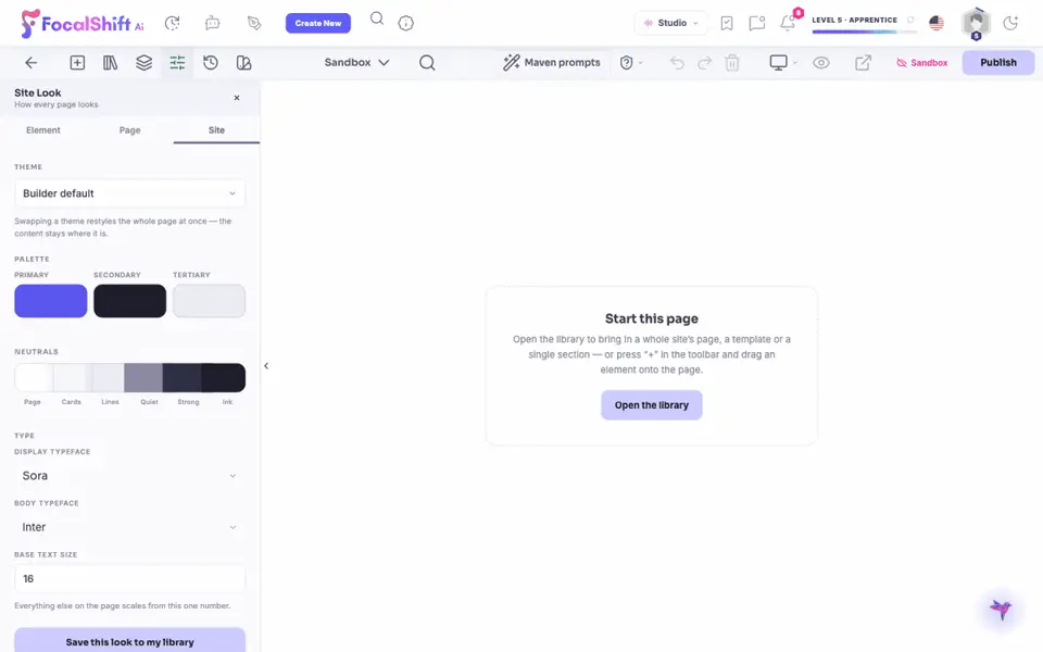 The FocalShift page builder: Site Look panel, canvas, Library opening, a section inserted, Publish